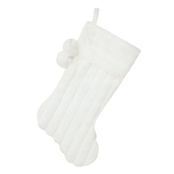 STOCKING 20.5" DELUXE WHITE STRIPED FAUX FUR W/POMPOMS