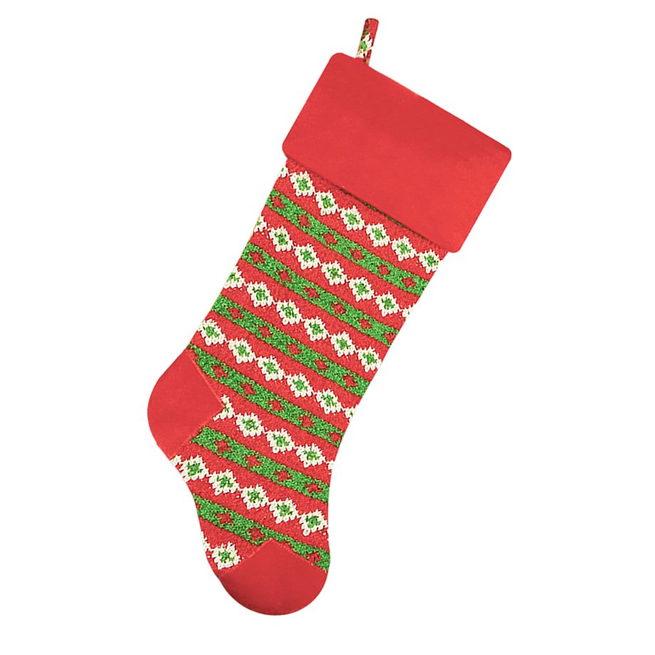 STOCKING 21.5" GREEN/WHITE/RED CHENILLE KNIT & VELVET W/VELVET CUFF HEEL & TOE DESIGN