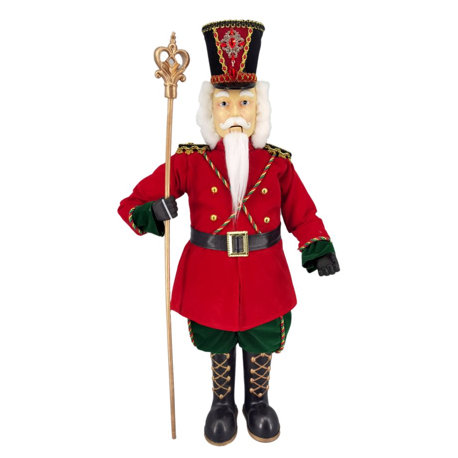 NUTCRACKER 29" STANDING BURGUNDY/ GREEN /GOLD IN ROYAL SOLDIER UNIFORM HOLDING A STAFF