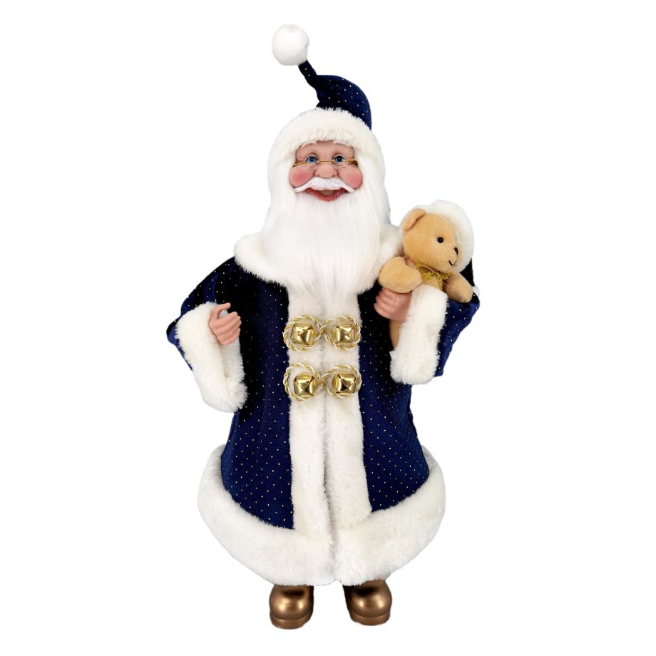 SANTA 18" STANDING  BLUE/WHITE ROBE W/ BELLS HOLDING A BEAR