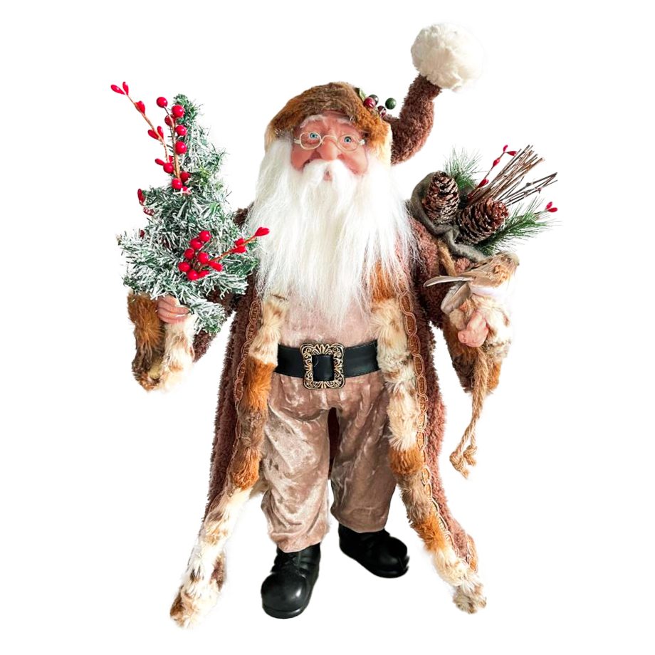 SANTA 18" STANDING BROWN IN FAUX FUR OUTFIT & BUNDLE OF FESTIVE GREENERY HOLDING A BIRD