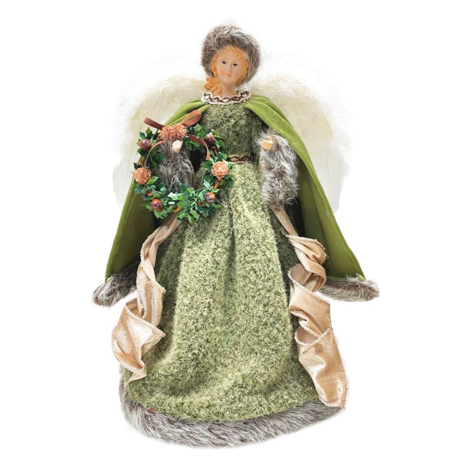 ANGEL TREE TOP 16" GREEN IN ROBE W/ FUR TRIM, HOLDING A WREATH