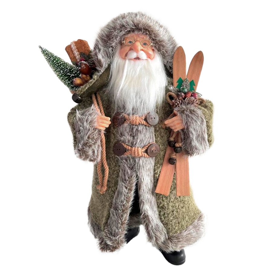 SANTA 18" STANDING GREEN W/ FUR-TRIMMED COAT, HOLDING SKIS & FESTIVE BAG OVER SHOULDER