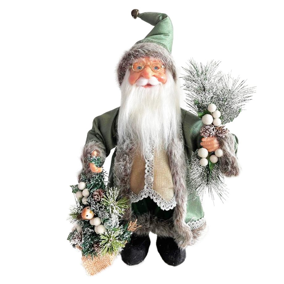 SANTA 18" STANDING GREEN IN SATIN COAT W/ FUR TRIM, HOLDING A FROSTED TREE & BRANCH