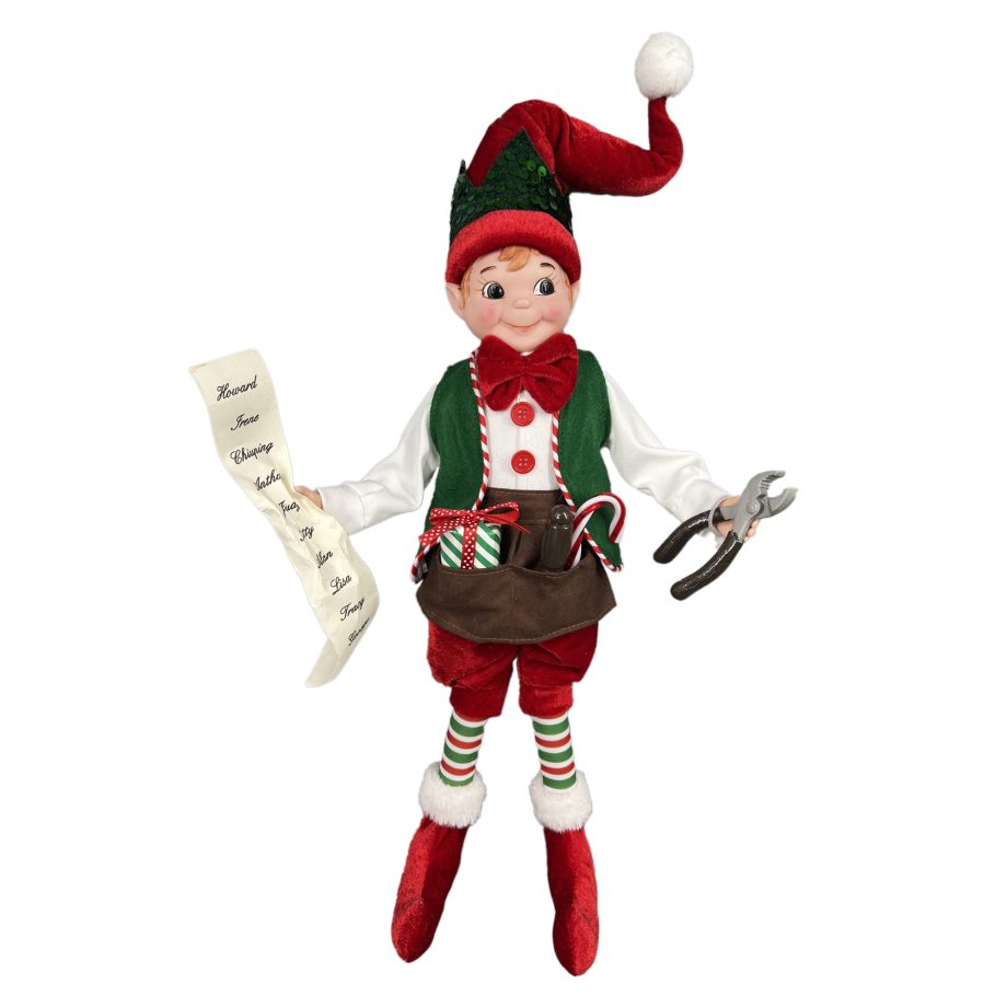 ELF BOY POSABLE 18" WORKSHOP HANGING POSABLE 18" RED/GREEN/WHITE HOLDING A PLIERS