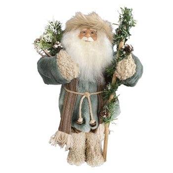 SANTA 18"STANDING DELUXE GREEN/BROWN NORDIC-LOOK HOLDING A STAFF