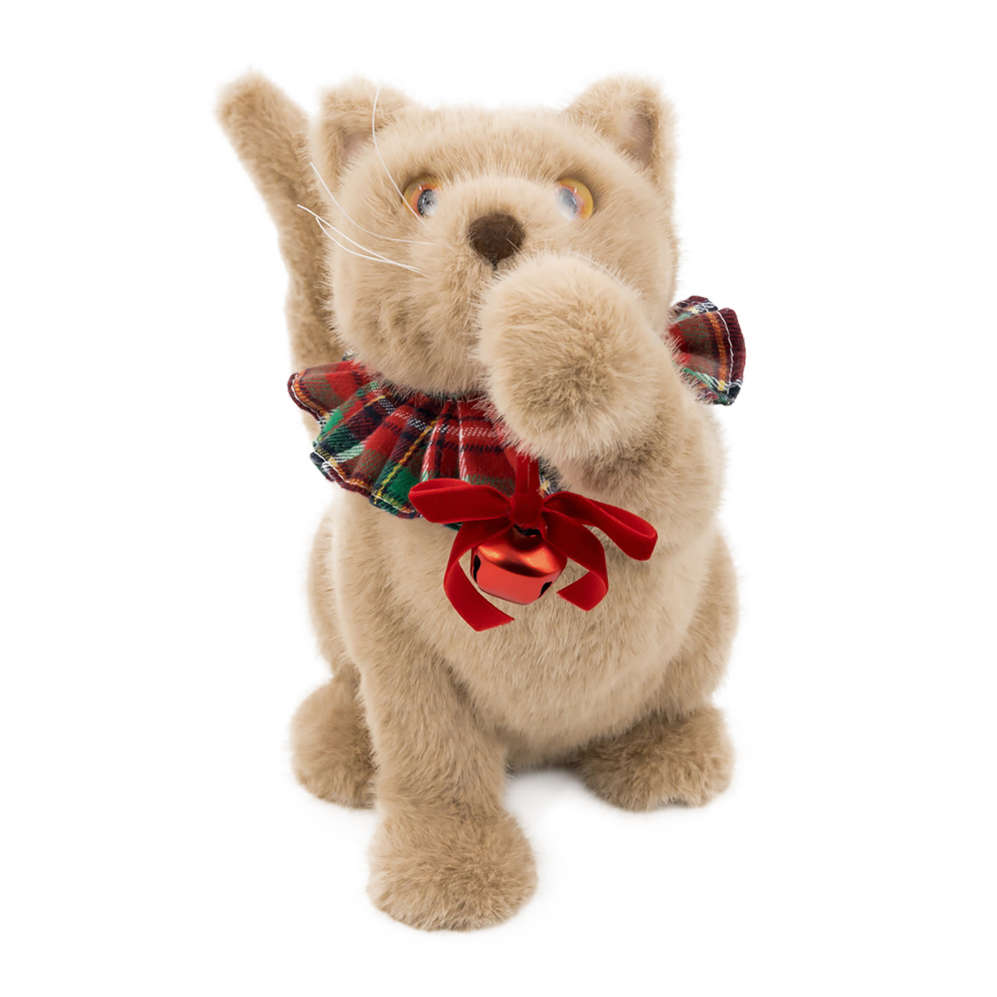 CAT TABBY SITTING 10" BROWN/PLUSH W/ PLAID COLLAR & RED BELL
