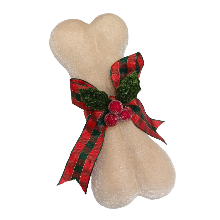 PET DOG BONE HANGING 8" BEIGE W/ RED/GREEN PLAID BOW & RED FROSTED HOLLY & BERRIES