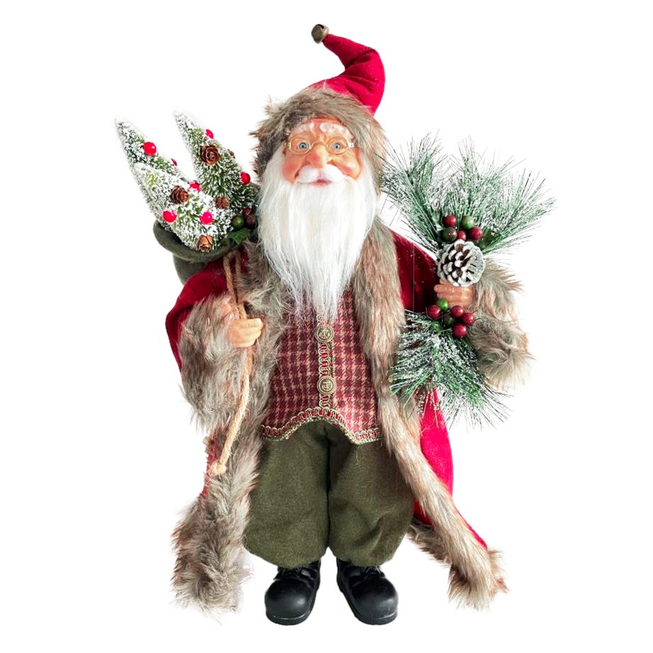 SANTA 18" STANDING RED W/ VELVET HAT, FUR TRIM & BASKET OF FESTIVE GREENERY