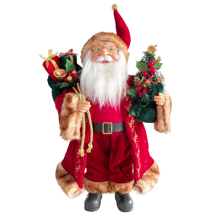 SANTA RED 18" IN VELVET SUIT W/ FUR HAT & BLACK BOOTS, CARRYING TREE & GIFT SACK