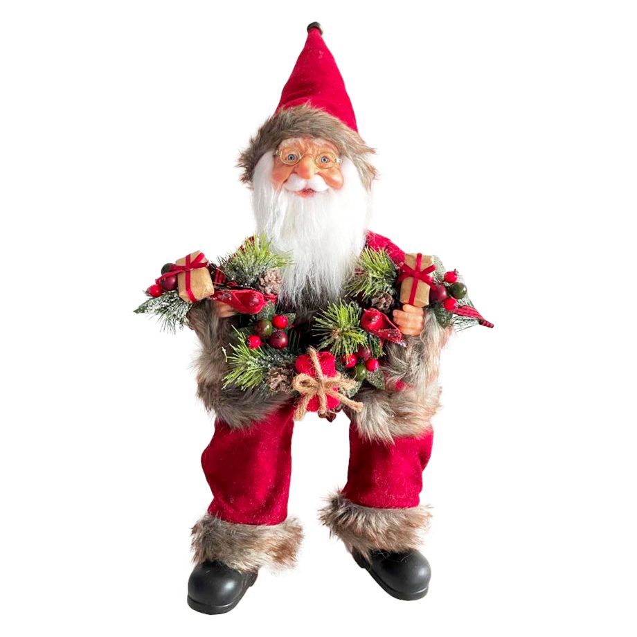 SANTA 16" SITTING RED IN VELVET SUIT, HOLDING WREATH W/ PINE CONE & BERRIES