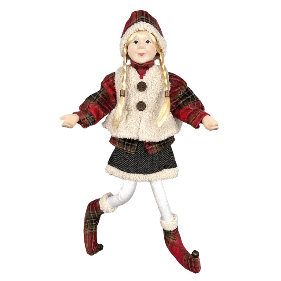 DOLL GIRL HANGING POSABLE 18" RED/GRAY PLAID & SHERPA