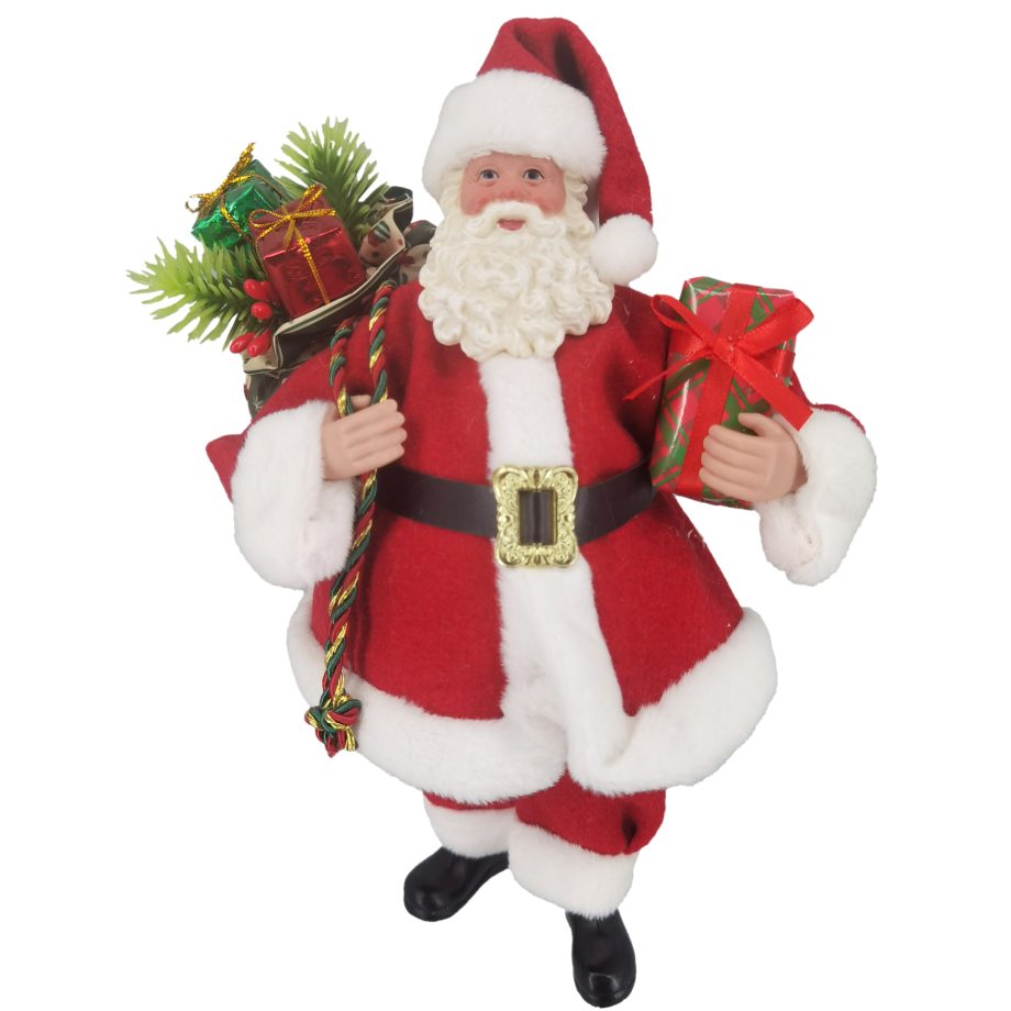 SANTA 11" STANDING RED/GREEN/WHITE W/ GIFT SACK & HOLDING GIFT