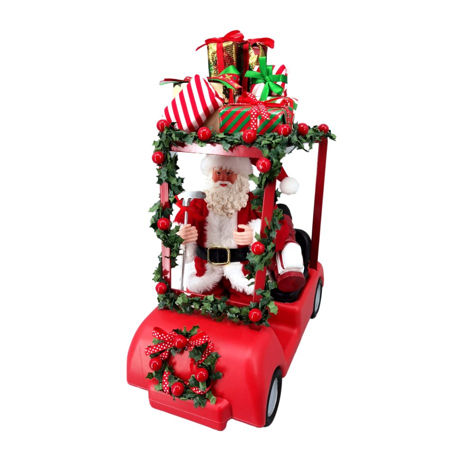 SANTA 11" IN A GOLF CART RED/GREEN/WHITE W/ PRESENTS ATOP
