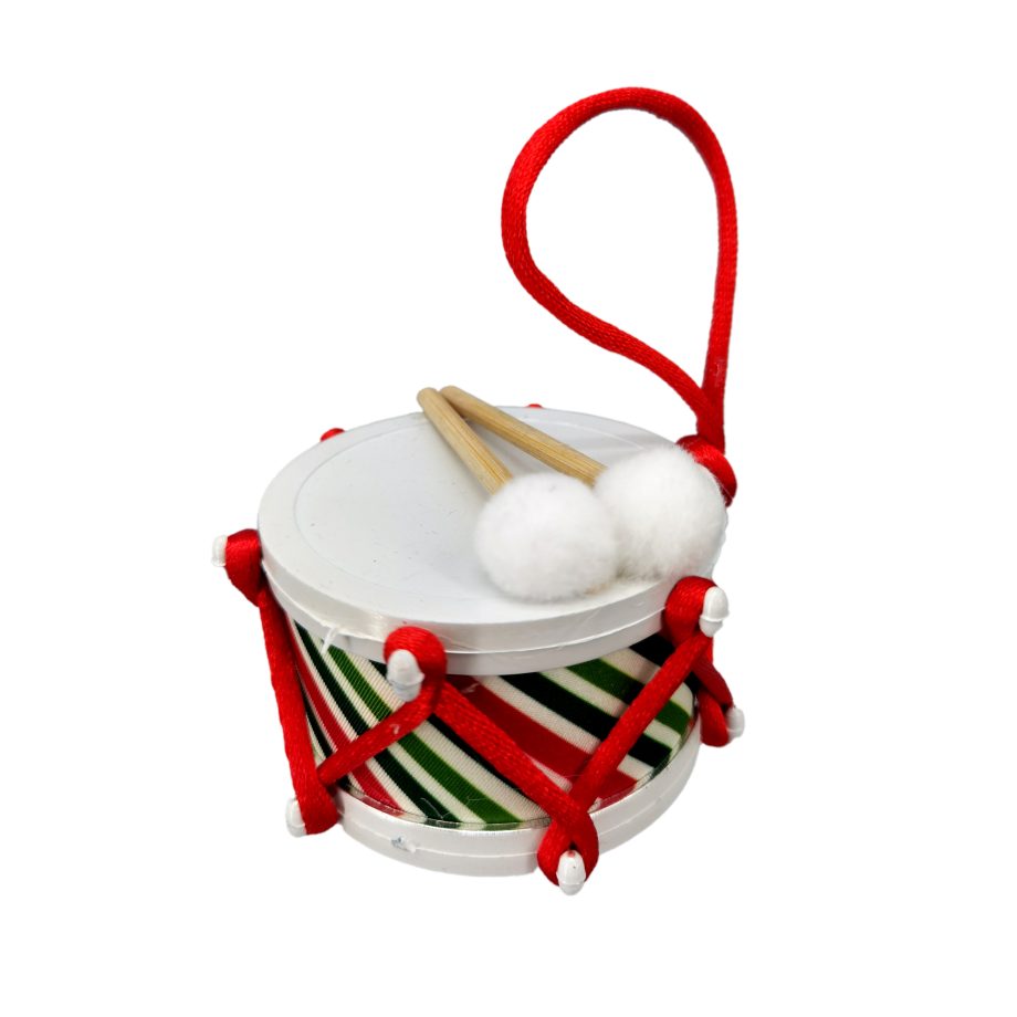 ORN DRUM 3" RED/GREEN/WHITE STRIPES