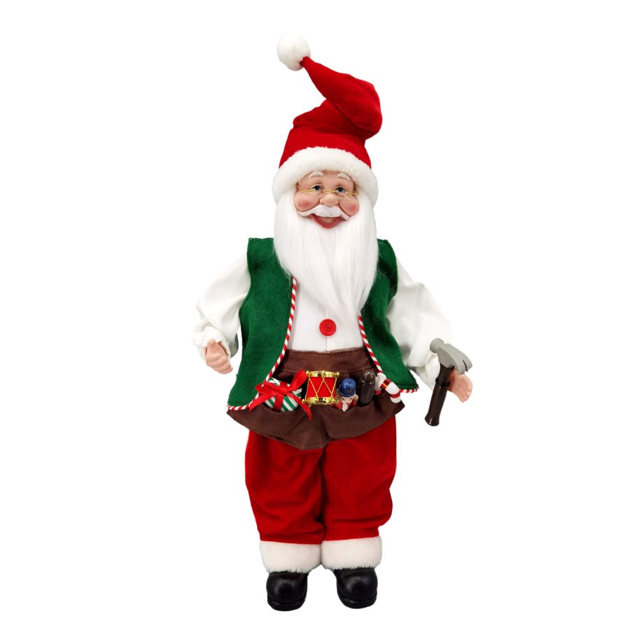 WORKSHOP SANTA CLAUS STANDING 18" RED/GREEN/WHITE HOLDING A HAMMER