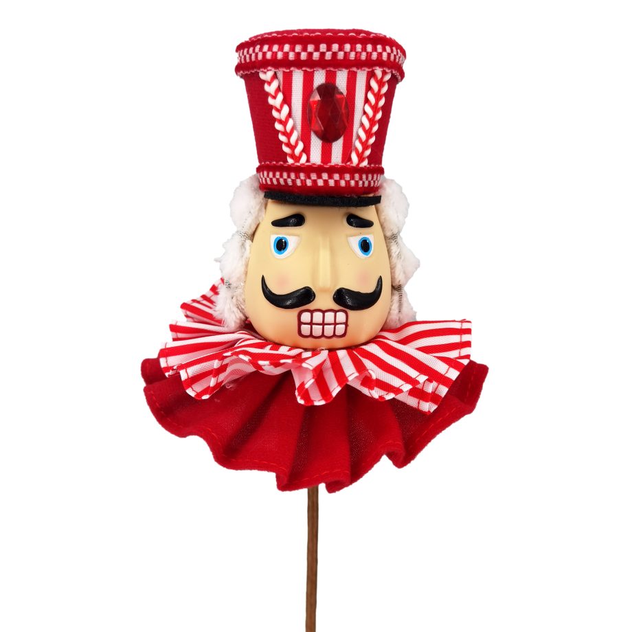 NUTCRASOLDIER HEAD 5.5" PICK(20") RED/WHITE CANDY CANE RUFFLES