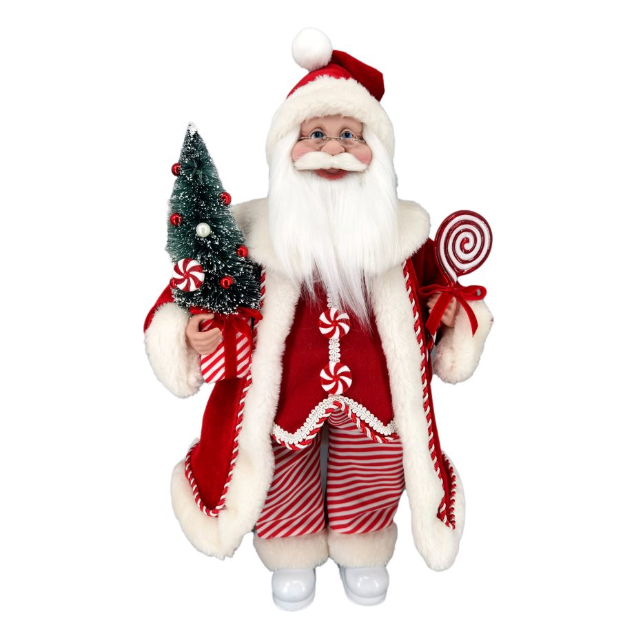 SANTA 18" STANDING RED/WHITE CANDY CANE HOLDING A TREE & SWIRL LOLLIPOP