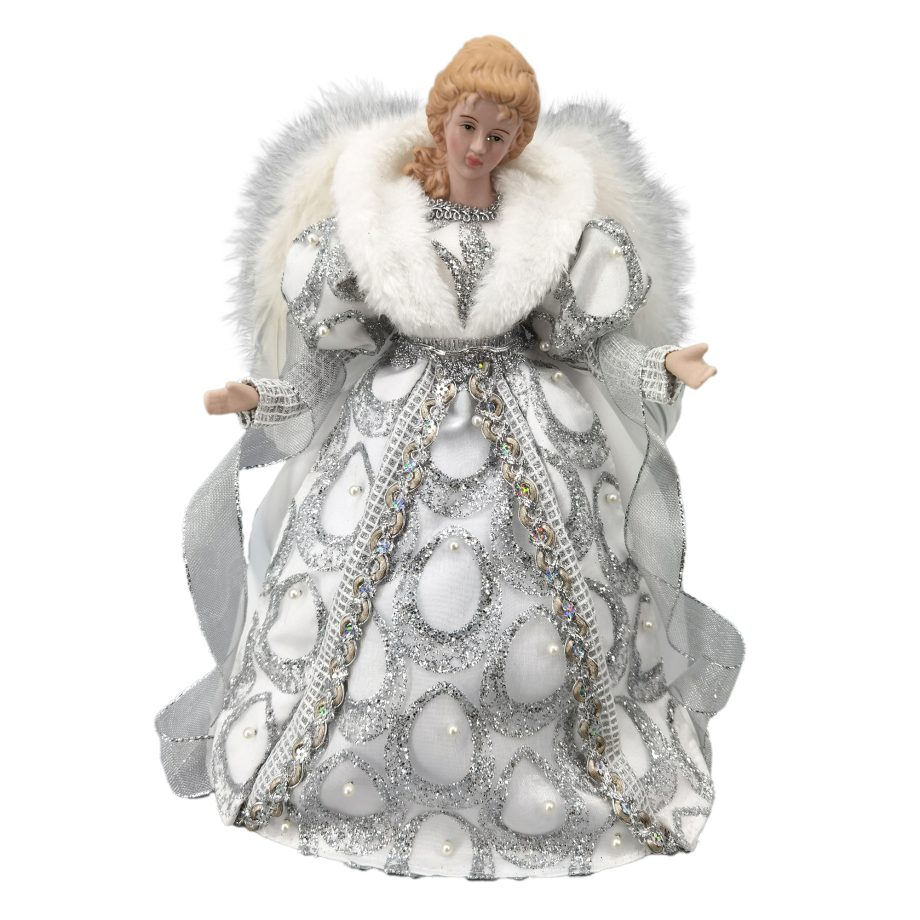 ANGEL TREE TOP 12" SILVER/WHITE W/ SEQUINS & PEARL BEADS