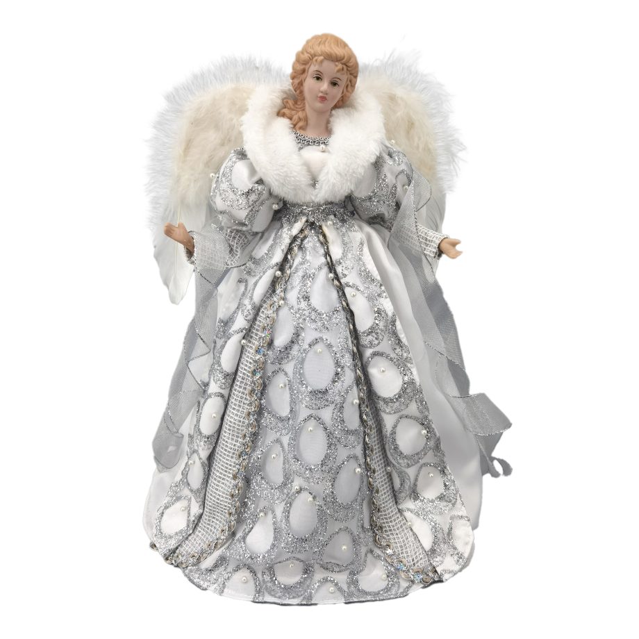 ANGEL TREE TOP 16" SILVER/WHITE SEQUINS & PEARL BEADS