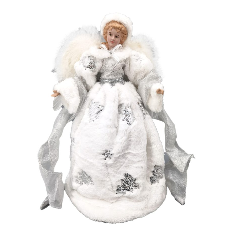 ANGEL TREE TOP 16" SILVER/WHITE W/ SEQUINS