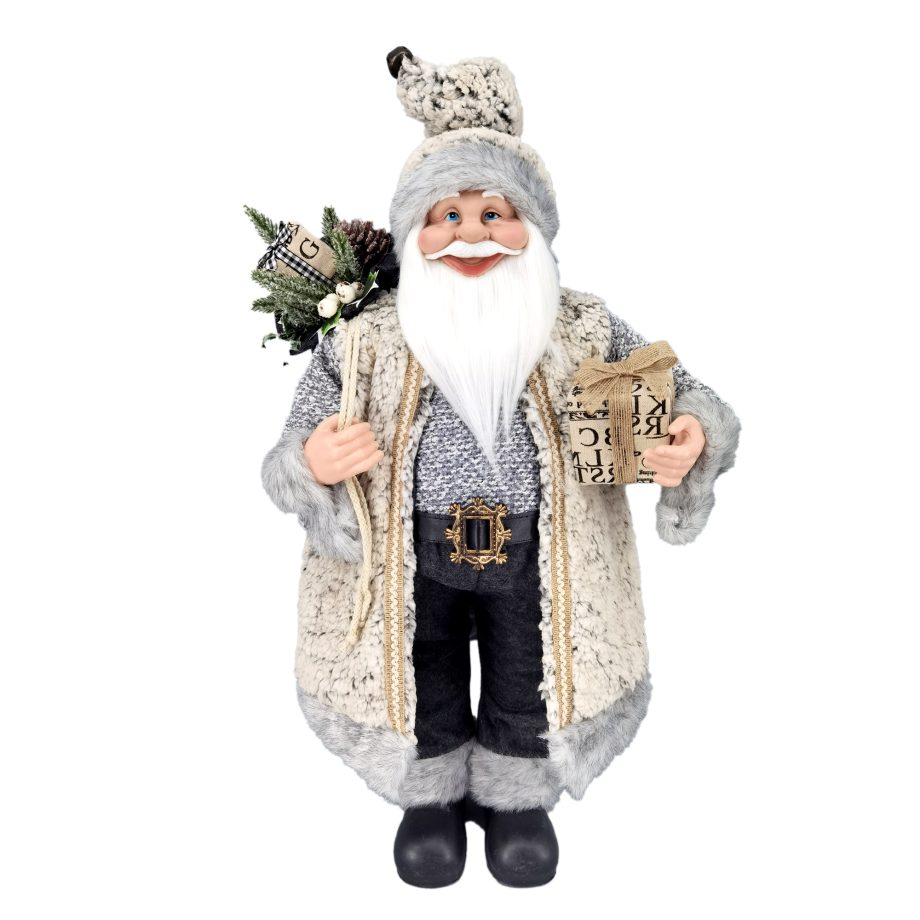 SANTA 24" STANDING W/ WATCH IVORY/ GOLDSTANDING 24" GRAY/IVORY BIRCH LOOK W/ GIFT SACK & HOLDING GIFT