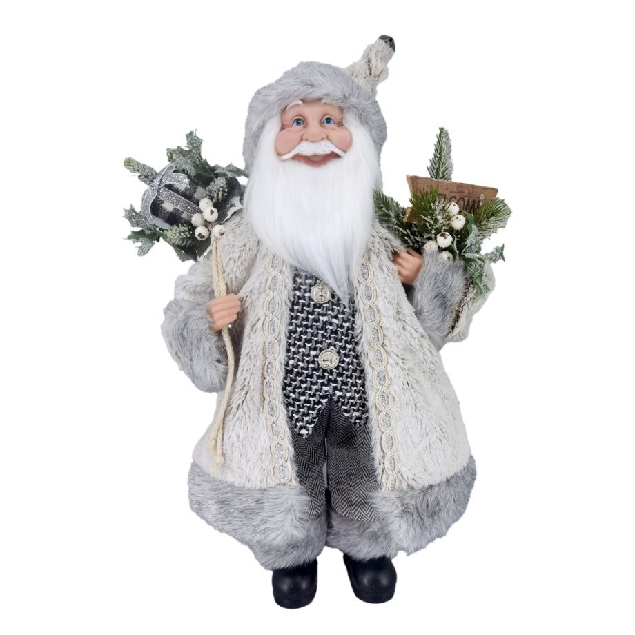 SANTA 18" STANDING GRAY/IVORY BIRCH LOOK W/ GIFT SACK & "WELCOME"
