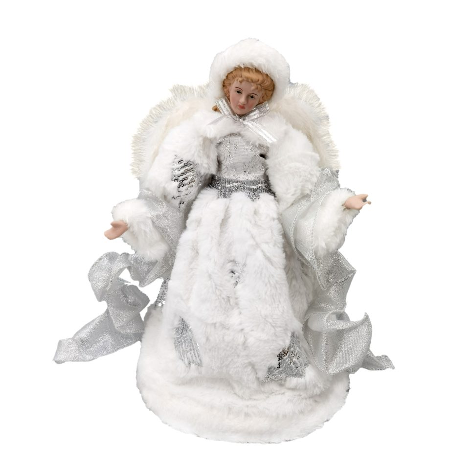 ANGEL TREE TOP 12" SILVER/WHITE FUR CAP