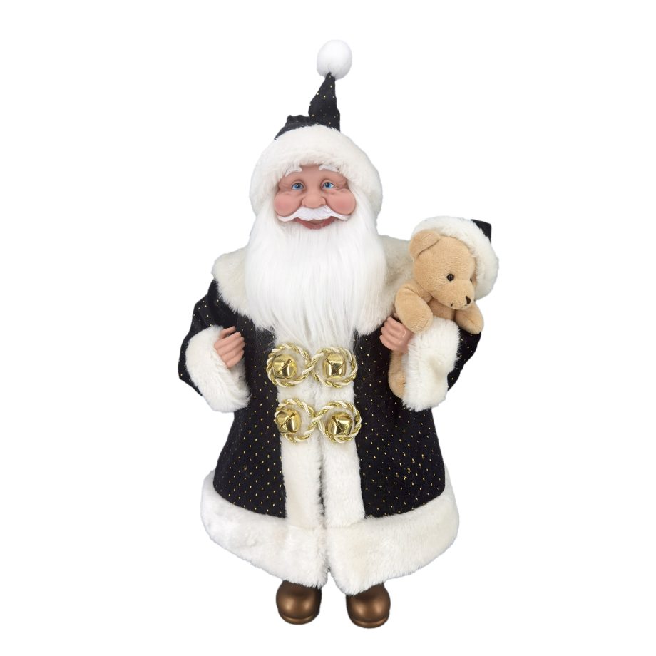 SANTA 18" STANDING BLACK/GOLD ROBE HOLDING A BEAR
