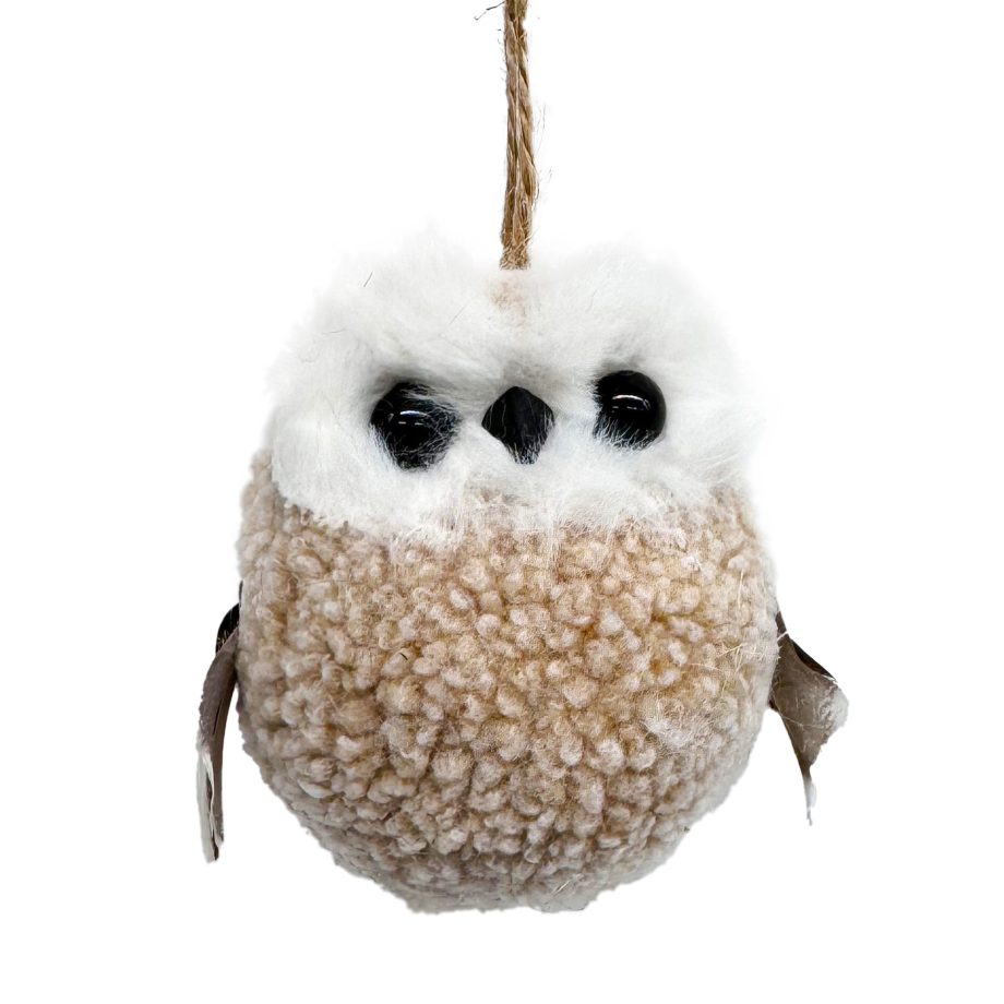 ORN OWL BEIGE WOOL FABRIC 3" W/ FEATHERS