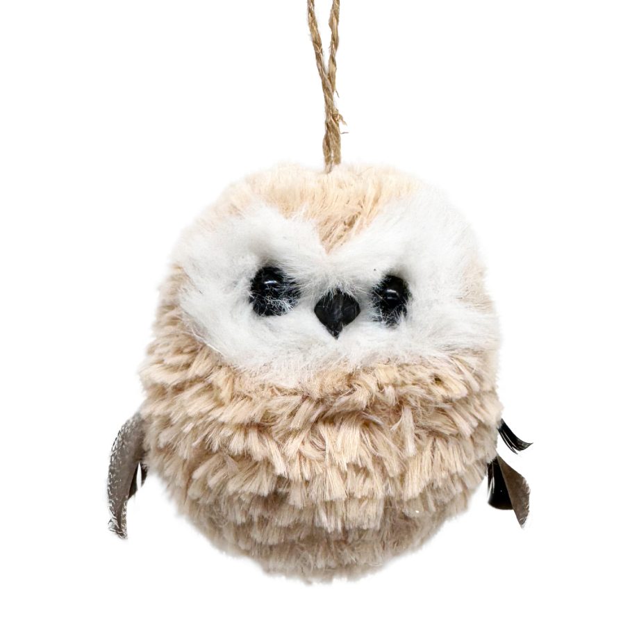 ORN OWL BEIGE FUR FABRIC 3" W/ FEATHERS