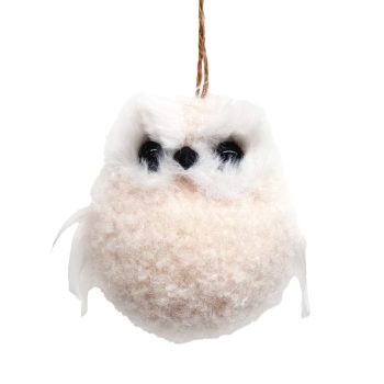 ORN OWL CREAM FUR FABRIC 3" W/ FEATHERS