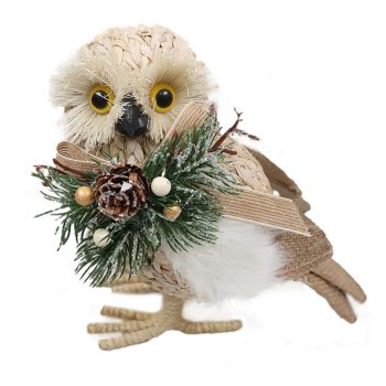 OWL STANDING BRAIDED STRAW 7.8" NATURAL W/ FROSTED PINE, PINE CONE & BERRY W/ GLTR