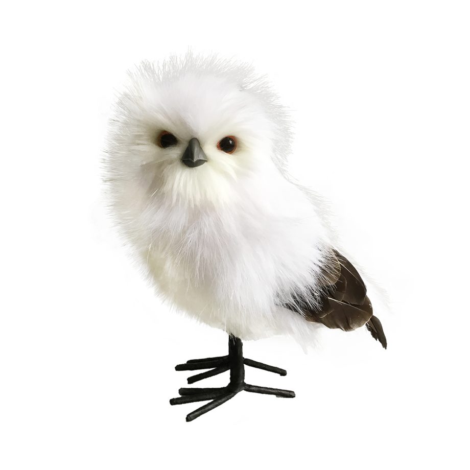 OWL STANDING FAUX FUR 9.5" WHITE