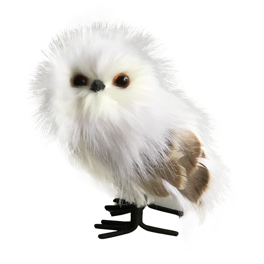 OWL STANDING FAUX FUR 6" WHITE