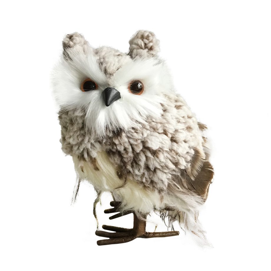 OWL STANDING FAUX FUR 7" TAUPE BROWN