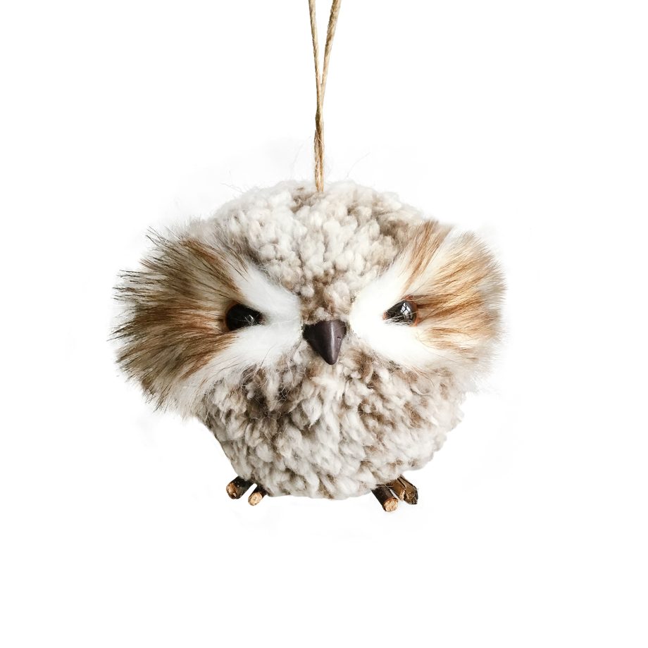 OWL PUFF BALL-SHAPED FAUX FUR WOOL 4" TAUPE BROWN