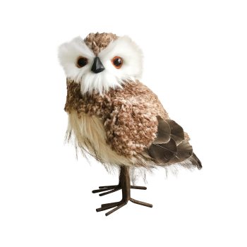 OWL STANDING FAUX FUR WOOL 9.5" BROWN