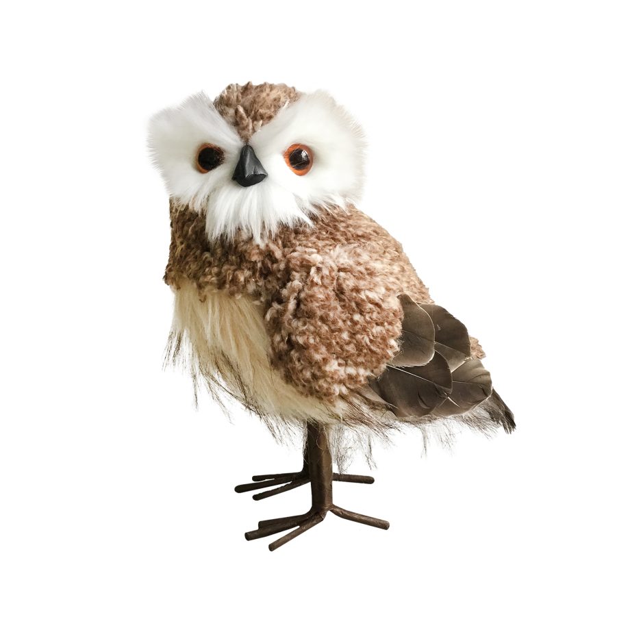 OWL STANDING FAUX FUR WOOL 9.5" BROWN
