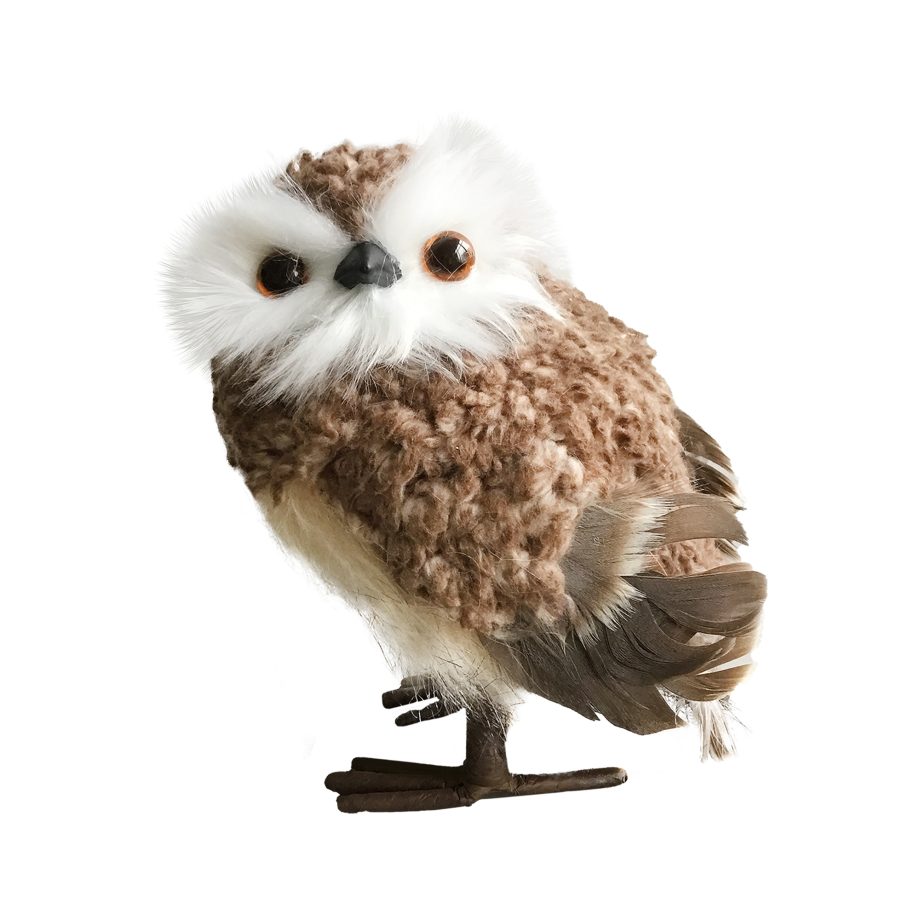 OWL STANDING FAUX FUR WOOL 6" BROWN