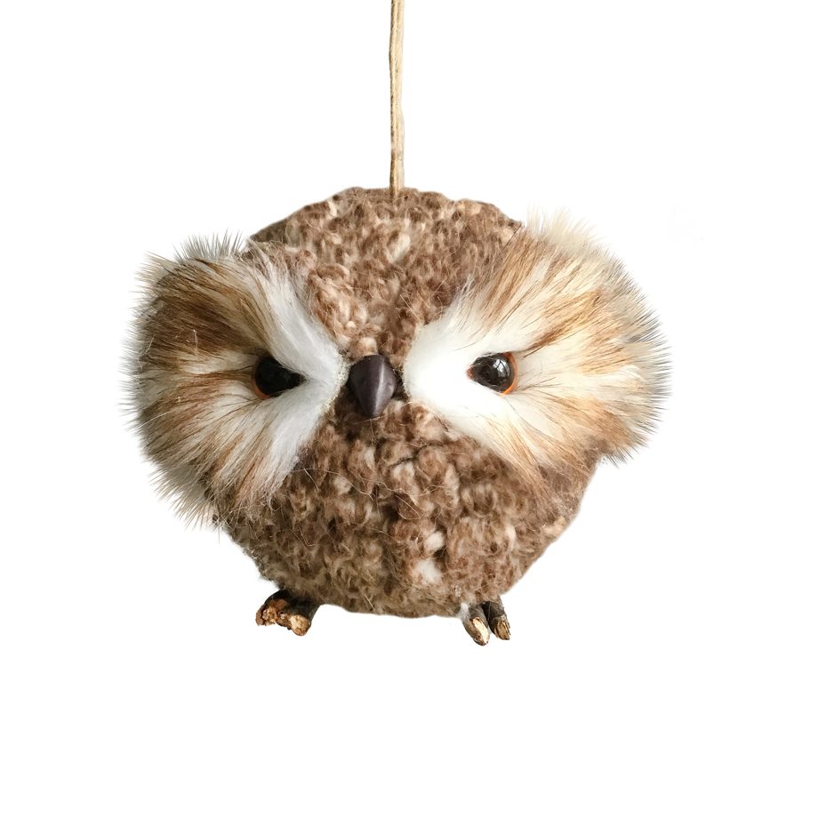 OWL PUFF BALL-SHAPED FAUX FUR WOOL 4" BROWN