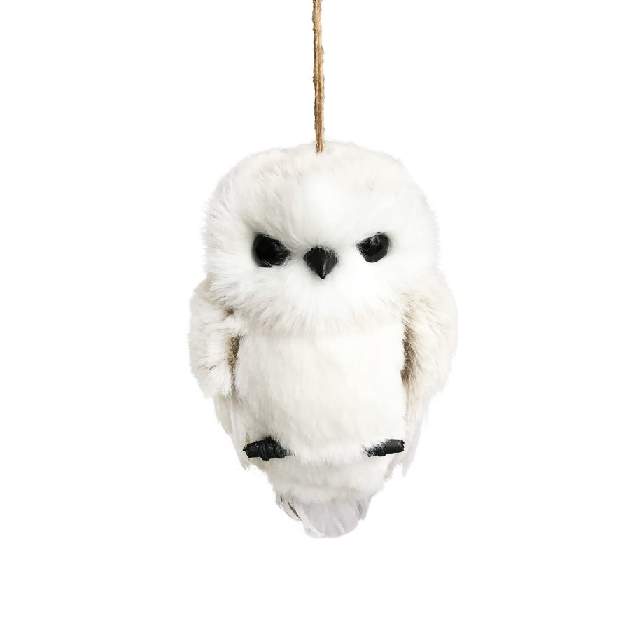 OWL HANGING FAUX FUR 2" GRAY ON A BRANCH