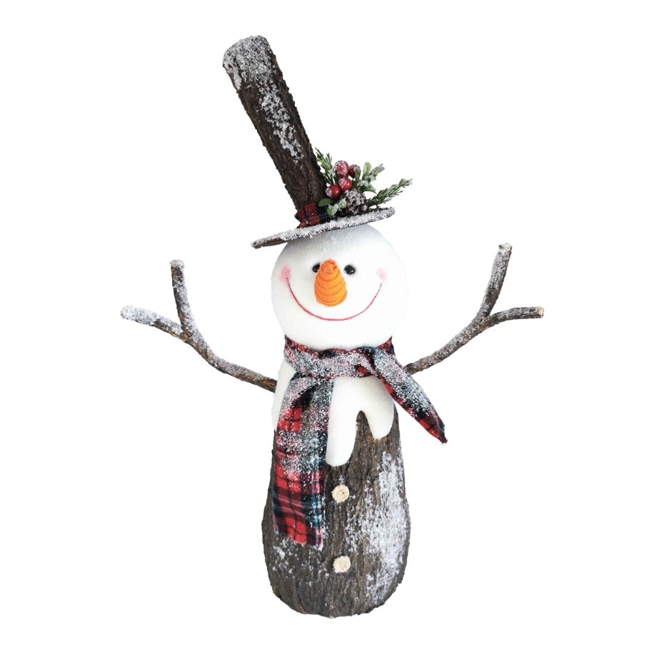 SNOWMAN STANDING LOG-STYLE 24" W/ PLAID SCARF, SNOW, & BERRY-DECORATED HAT