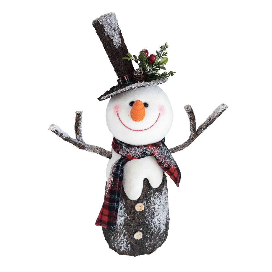 SNOWMAN STANDING LOG-STYLE 20" W/ PLAID SCARF, SNOW, & BERRY-DECORATED HAT
