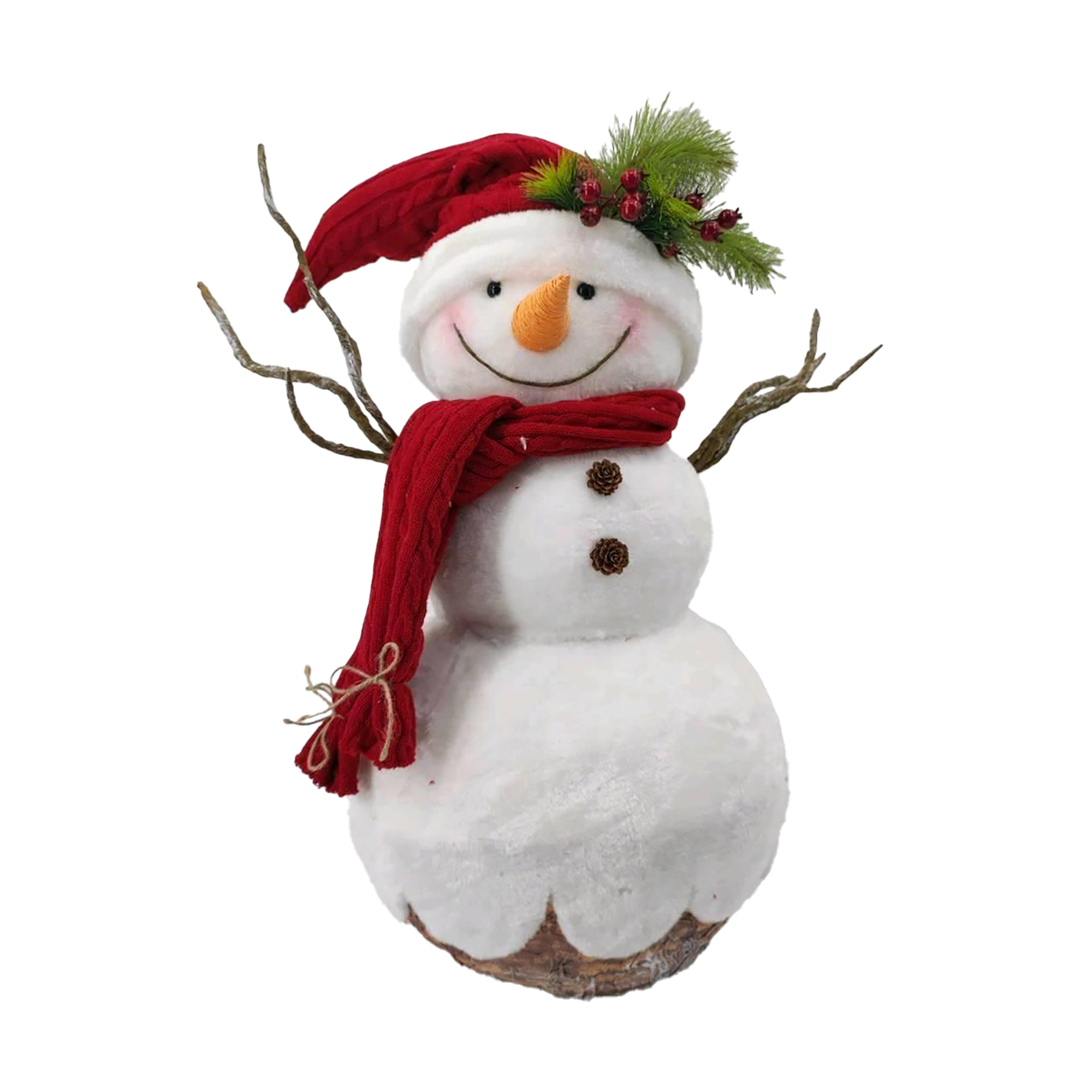 SNOWMAN FABRIC STANDING WHITE/RED 23" KNITTED SCARF & HAT W/ TWIGS
