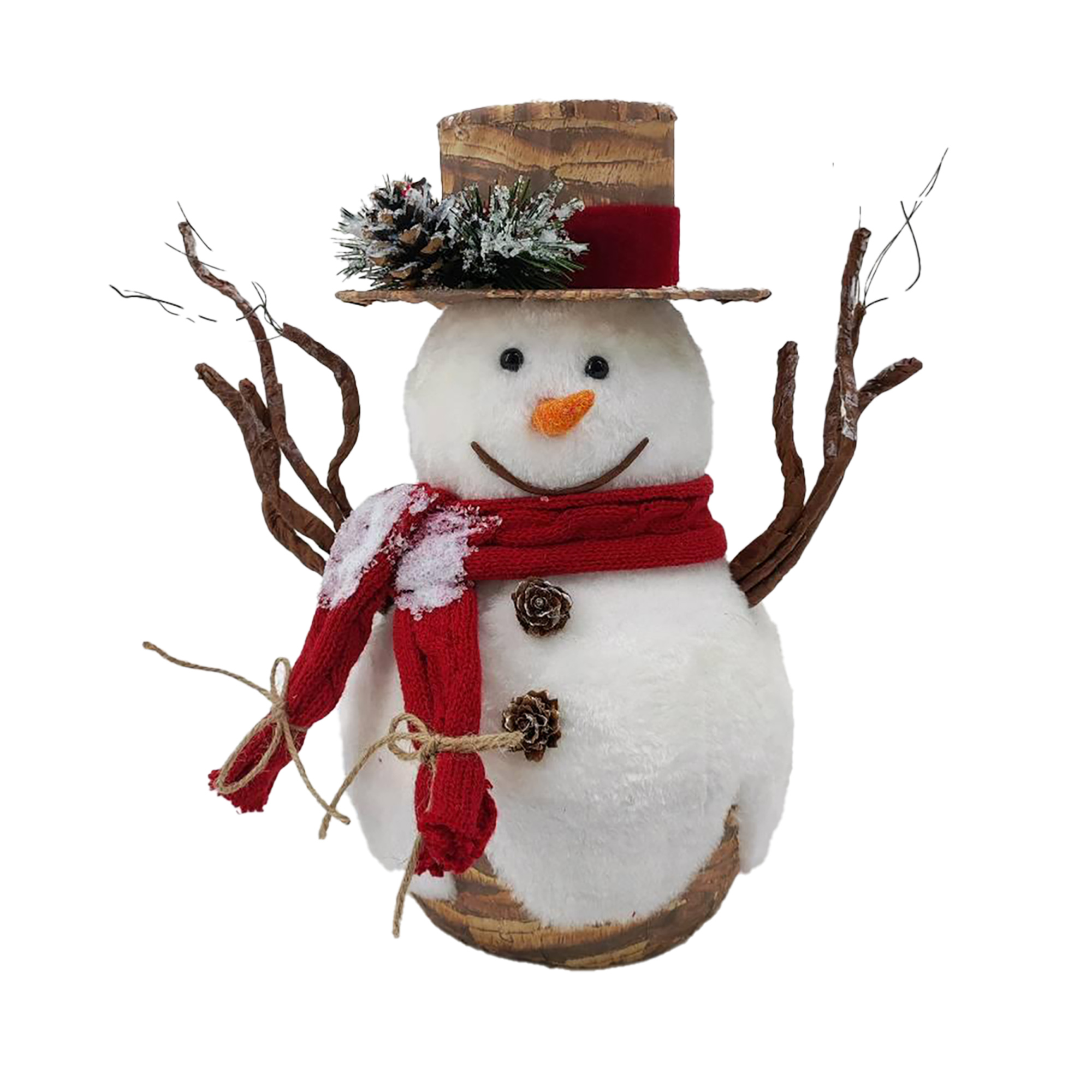 SNOWMAN FABRIC STANDING WHITE/RED 12" W/ KNITTED SCARF, BIRCH LOOK TOP-HAT & TWIGS