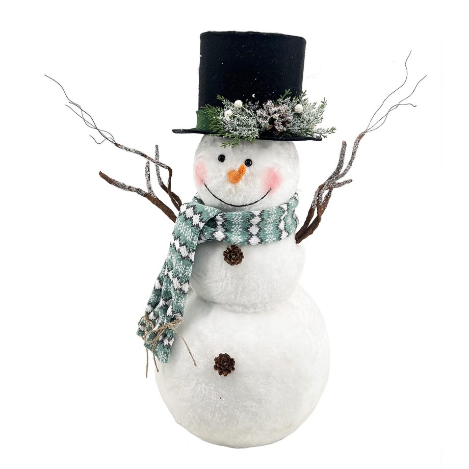 SNOWMAN STANDING FAUX FUR 23" WHITE W/ SCARF & BLACK TOP HAT