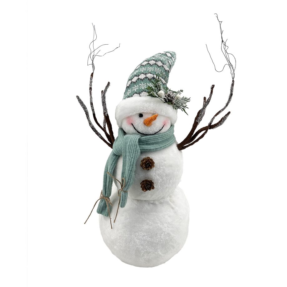SNOWMAN STANDING FAUX FUR 18" WHITE W/ SCARF & SANTA HAT & TWIGS