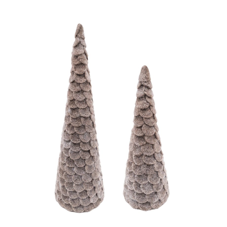 CONE TREE FELT SCALLOP 2PC SET 12"|18" BROWN FROSTED