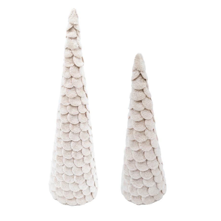 CONE TREE FELT SCALLOP 2PC SET 12"|18" CREAM FROSTED